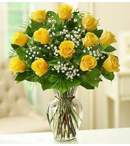 One Dozen Yellow Roses in a Vase