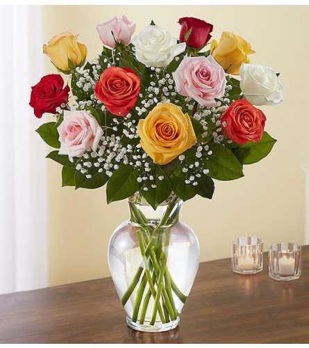 One Dozen Mixed Colored Roses in a vase