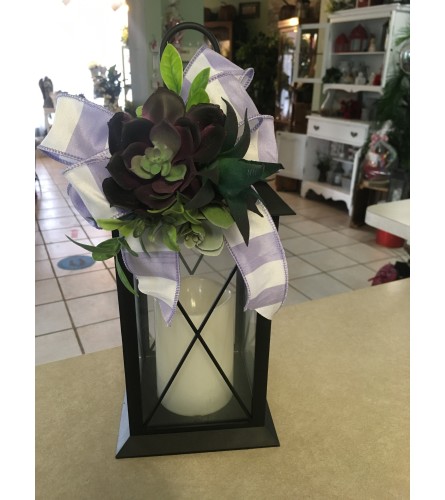 Artificial Succulent Lantern with LED Candle. An arrangement by Flowers by Anna.