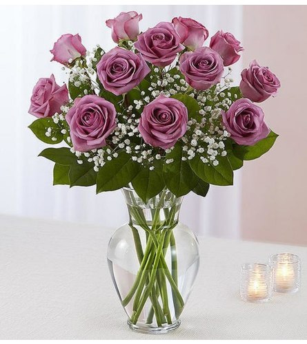 One Dozen Lavender Roses in a Vase