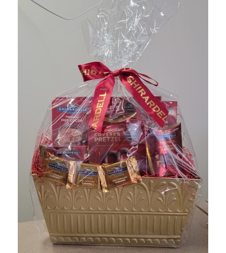ghirardel chocolate basket. An arrangement by Last Minute Gifts and Flowers.
