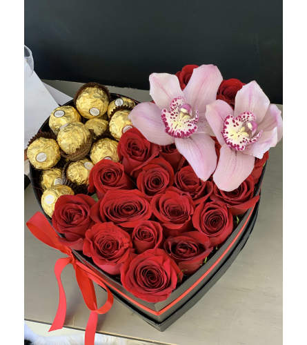 Roses and chocolates surprise heart box