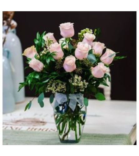 12 Premium pink roses in a vase