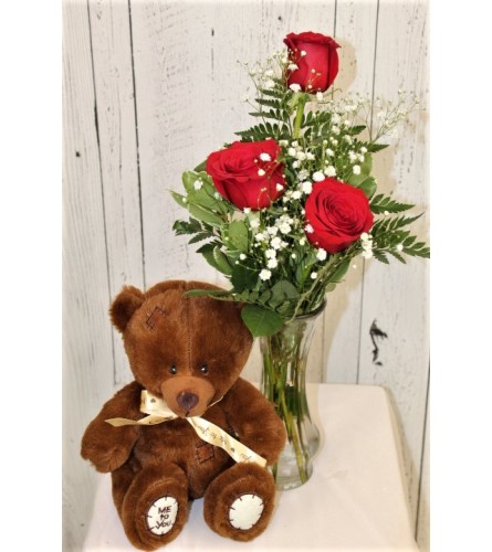 Red Rose Trio with Plush Bear. An arrangement by Avenida Flowers.