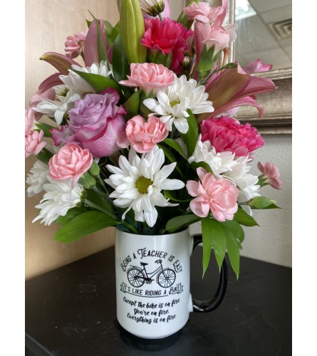 Teacher Mug with fresh Flowers. An arrangement by Dream Petals Floral.