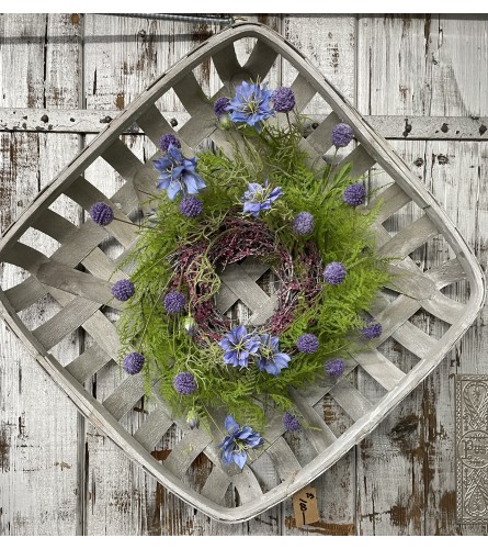 No More Blues Hanger. An arrangement by Metcalfe Florist and Pleasant View Greenhouses.