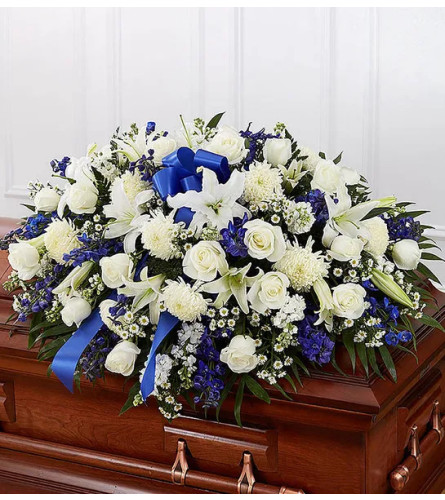 CASKET SPRAY BLUE AND WHITE