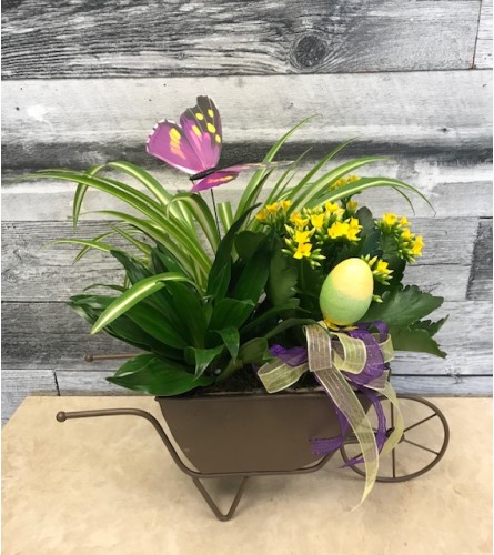 Springtime Wheelbarrow. An arrangement by Owen Sound Flowers.
