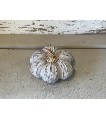 Whitewashed Wooden Pumpkin. An arrangement by Metcalfe Florist and Pleasant View Greenhouses.