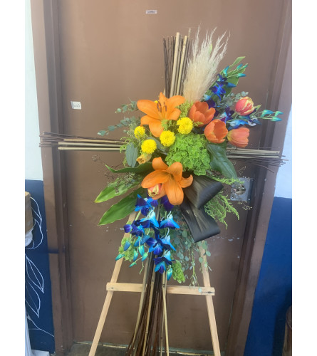 Orange and Blue Standing Spray w/ Feathers