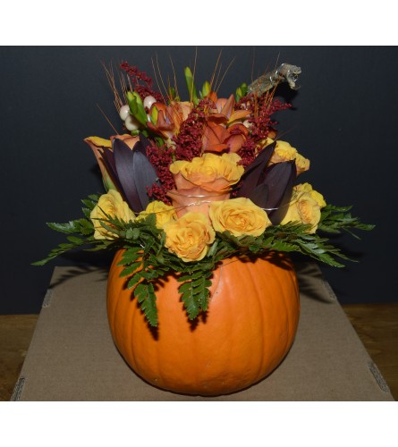 Fresh Pumpkin with array of fall flowers