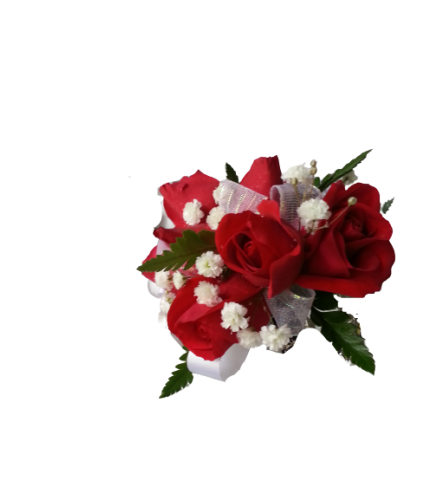Red Corsage and Boutonniere Set. An arrangement by Pandora's Posies.