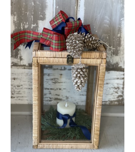 Lantern with Blue & Plaid Ribbon and Candle