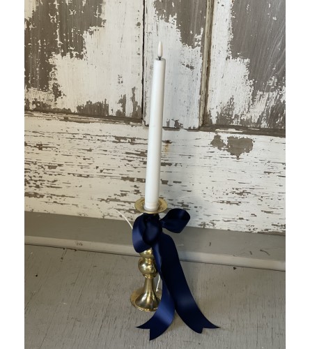 Battery Operated Candlestick with Blue Satin Ribbon