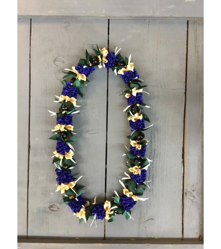 Blue gold green ribbon lei w/beads