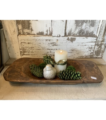 Wooden Bowl Centerpiece. An arrangement by Metcalfe Florist and Pleasant View Greenhouses.