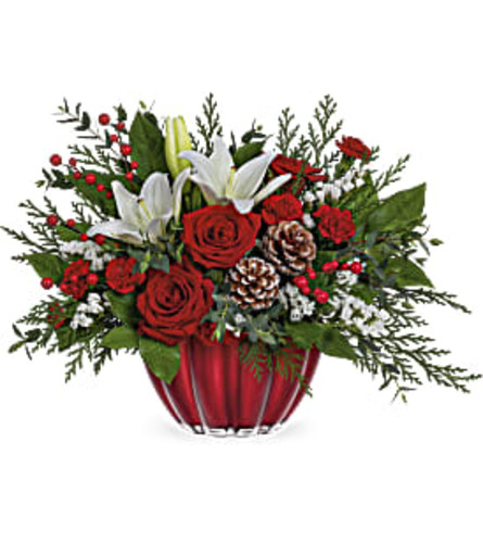 Vibrant Red Christmas Centerpiece. An arrangement by Vaillant Florist.