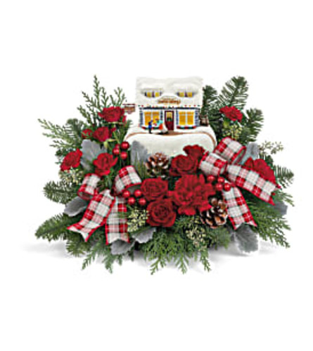 2022 Thomas Kinkade Sweet Shoppe Centerpiece. An arrangement by Vaillant Florist.