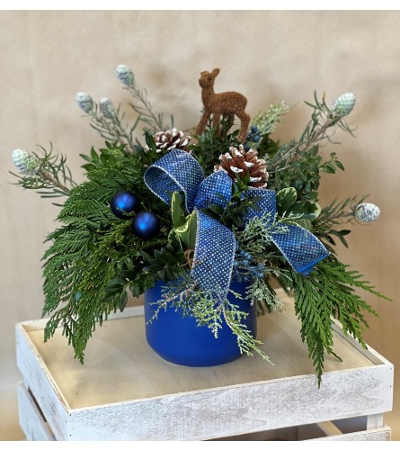 Christmas with blues. An arrangement by Blooming Boutique Florist.