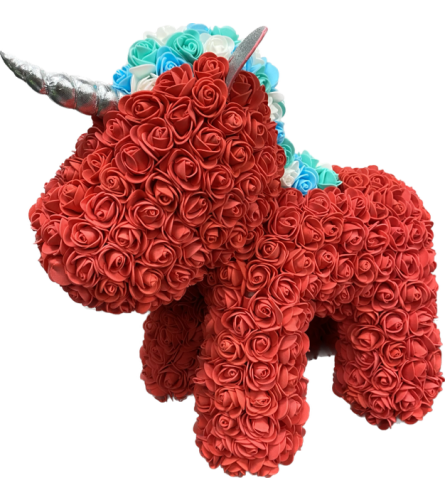 Standing Red Unicorn Rose Bear. An arrangement by Elegant Florist.