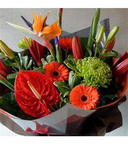 Mixed Handtied Tropical Bouquet. An arrangement by Nicol Florist.
