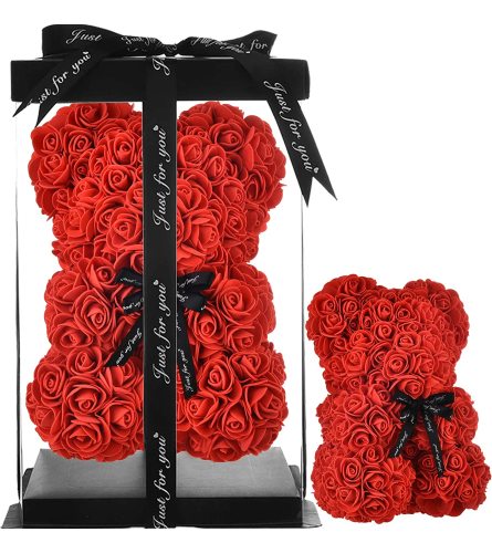 Gift Boxed Rose Bear in Red - Standard. An arrangement by Flowers Unlimited.