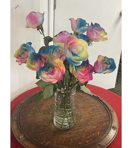 Unique Rainbow Roses in a 9" vase Combo