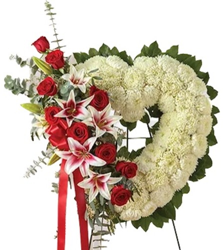 White Standing Heart Spray with Rose & Lily Break