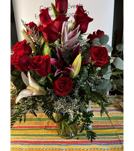 2 dozen Designer Red Freedom Roses and Lilies