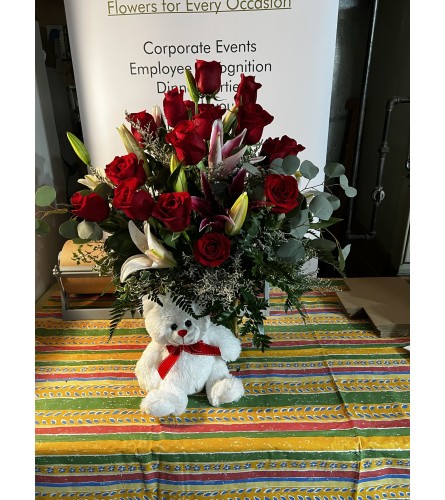 2 dozen Designer Red Freedom Roses and Lilies with Bear