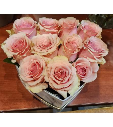 pink roses in heart shape box medium size