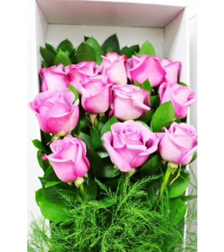 Purple Roses Boxed. An arrangement by Nicol Florist.