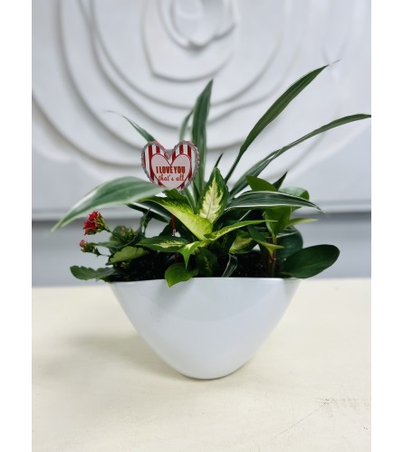 VDAY Geometric White Planter. An arrangement by Marianna's Flower Island.