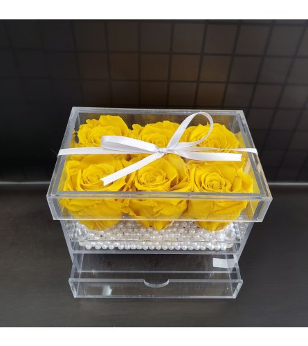6 Yellow Eternity Roses - Acrylic Box with Drawer