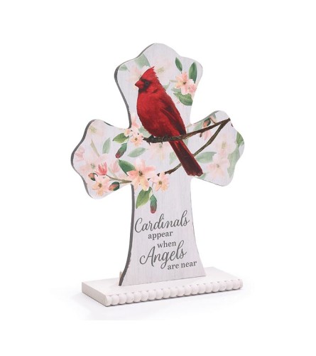 Cross Shelf Sitter- Cardinals Are Near. An arrangement by The Flower Hut.