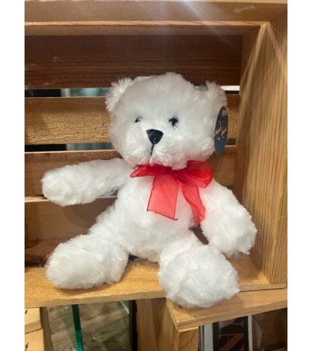 10" Chenille Plush White Bear with Red Bow