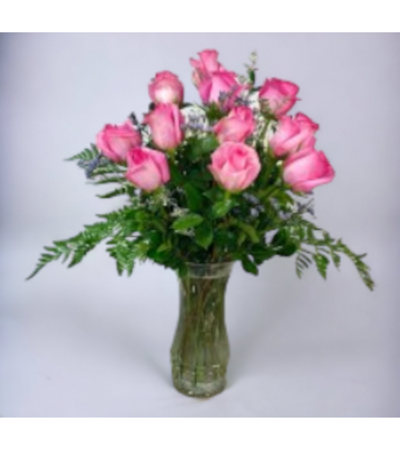 Dozen Pink Roses In a Vase