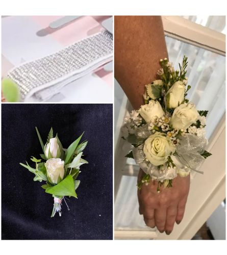 Follow Your Dreams- Roses Corsage and Boutonniere Pair - Standard. An arrangement by Loyalist Flowers.