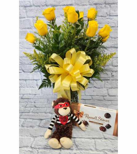 Package Yellow Roses, Chocolate, & Monkey