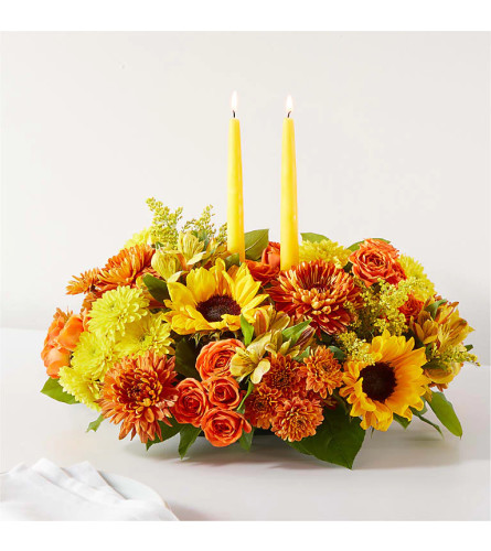 Autumn Harmony Centerpiece - Deluxe. An arrangement by Mae's Flowers and Gifts.