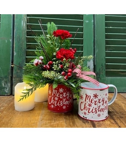 "Merry Christmas Wishes" Fresh Tin Container Arrangement