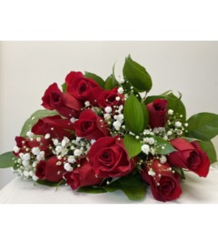 A beautiful dozen red roses wrapped