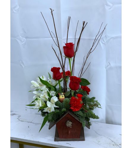 A Bird House Christmas Bouquet. An arrangement by Floratechnics.