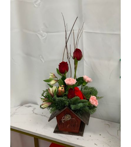 Bird House Christmas Bouquet. An arrangement by Lori's Hearts and Flowers.