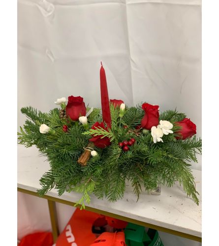 Faux Birch Log Holiday Centerpiece. An arrangement by Lori's Hearts and Flowers.