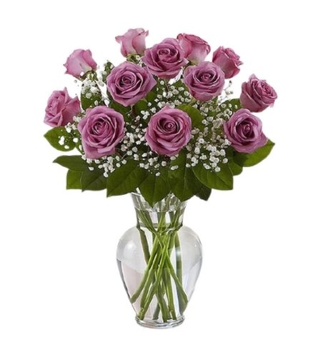 DOZEN LAVENDER ROSES VASED. An arrangement by Tangled Lilac Flowers and Gifts.