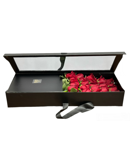 two dozen red rose in a black box