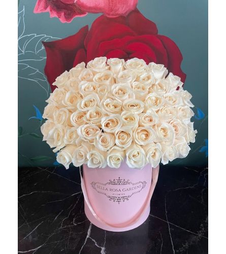 50 white roses French dome box - Standard. An arrangement by BellaRosa Gardens.