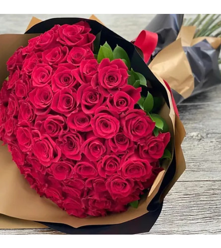 50 Long Stem Premium Red Roses With Greenery Wrapped