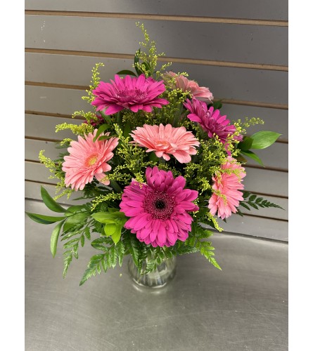 Pink gerbera daisies. An arrangement by DMP Flowers and Gifts.
